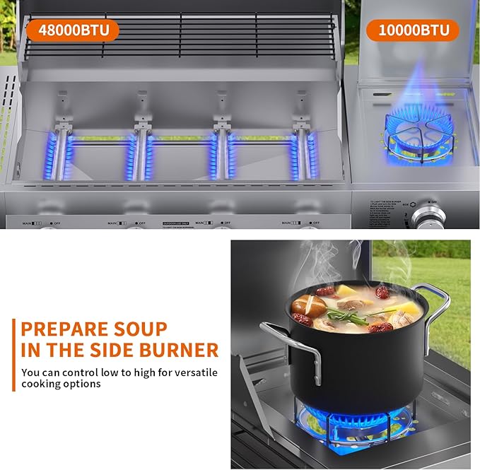 SKOK 4-Burner Propane Gas BBQ Grill with Side Burner & Porcelain-Enameled Grilling Grates,Stainless Steel Grill with 544 Sq. In. Grilling Area for Outdoor Cooking,58,000 BTU Output