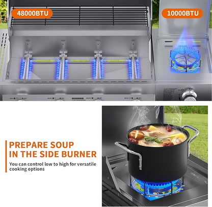 SKOK 4-Burner Propane Gas BBQ Grill with Side Burner & Porcelain-Enameled Grilling Grates,Stainless Steel Grill with 544 Sq. In. Grilling Area for Outdoor Cooking,58,000 BTU Output