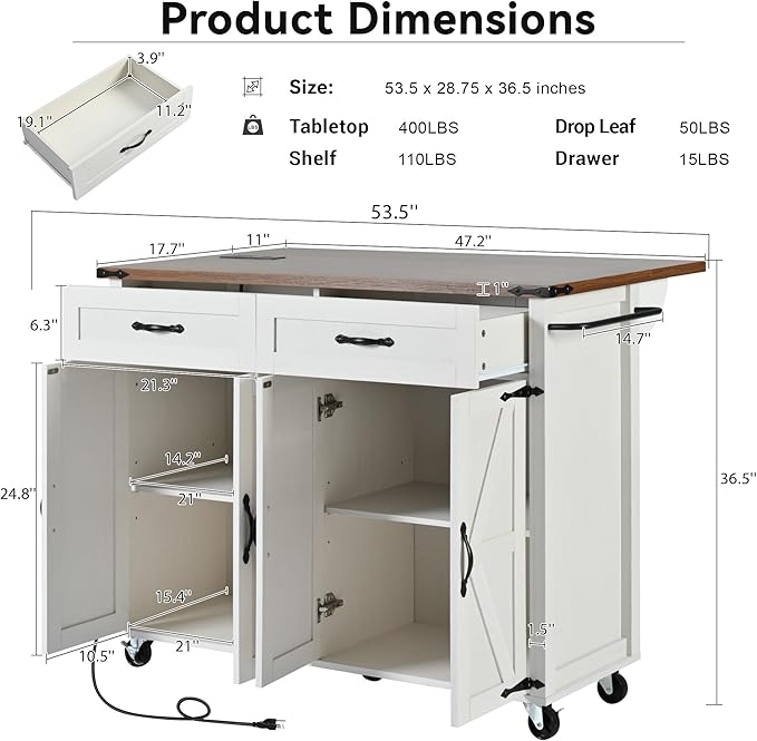 53.5''Farmhouse Kitchen Island with Power Outlet,Storage Cart W/Drop Leaf/Spice Rack/Drawer,Rolling KitchenCart on Wheels,for Home,Dining Room,White