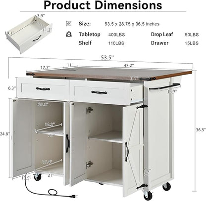 53.5''Farmhouse Kitchen Island with Power Outlet,Storage Cart W/Drop Leaf/Spice Rack/Drawer,Rolling KitchenCart on Wheels,for Home,Dining Room,White