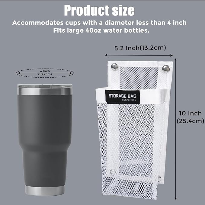 Marine Mesh Single-Pocket Boat Gear Storage Bag, Black Large Fabric Boat Cup Holder, Screw Snap Mount (White, Small)