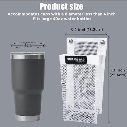 Marine Mesh Single-Pocket Boat Gear Storage Bag, Black Large Fabric Boat Cup Holder, Screw Snap Mount (White, Small)