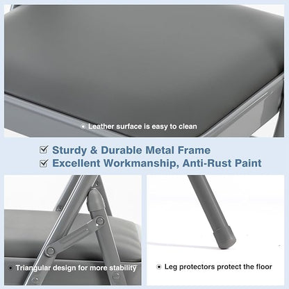DUMOS 6 Pack Folding Chairs with Padded Cushion and Back - PU Leather Stackable Portable Dining Chairs Set, for Home and Office, Conference, Wedding, Party, Patio, Garden, for Indoor Outdoor, Grey