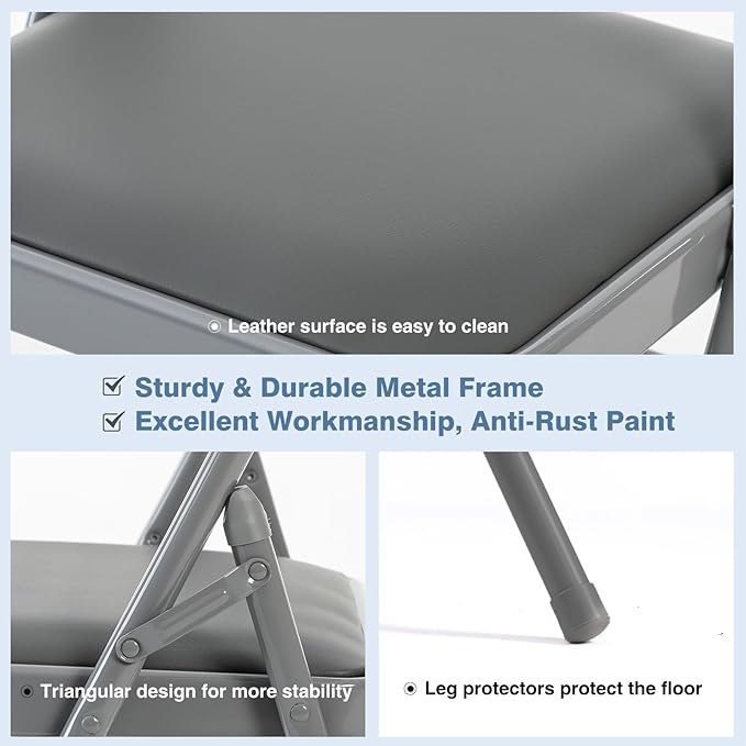 DUMOS 2 Pack Folding Chairs with Padded Cushion and Back - PU Leather Stackable Portable Dining Chairs Set, for Home and Office, Conference, Wedding, Party, Patio, Garden, for Indoor Outdoor, Grey