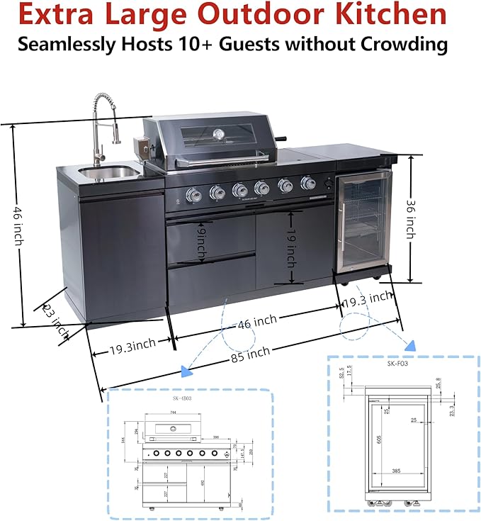 85in Modular Outdoor Kitchen Bar, 4 Burner 72000 BTU Deluxe Stainless Steel Gas Barbecue Island Kitchen for Backyard Cooking w BBQ Grill, Refrigerator, Rotisserie Kit, Countertops, Cabinets, Sink