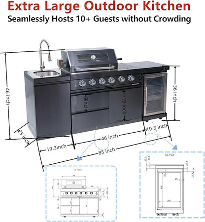 85in Modular Outdoor Kitchen Bar, 4 Burner 72000 BTU Deluxe Stainless Steel Gas Barbecue Island Kitchen for Backyard Cooking w BBQ Grill, Refrigerator, Rotisserie Kit, Countertops, Cabinets, Sink