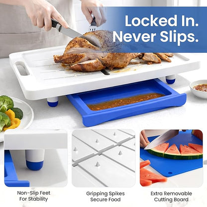 Large Cutting Board - XL Deluxe Meal Prep System with Meat Thermometer, Juice Groove, Spikes, Drip Tray & Removable BPA Free Cutting Board - Patented Multi-Feature Design Carving Board - Kitchen Gifts