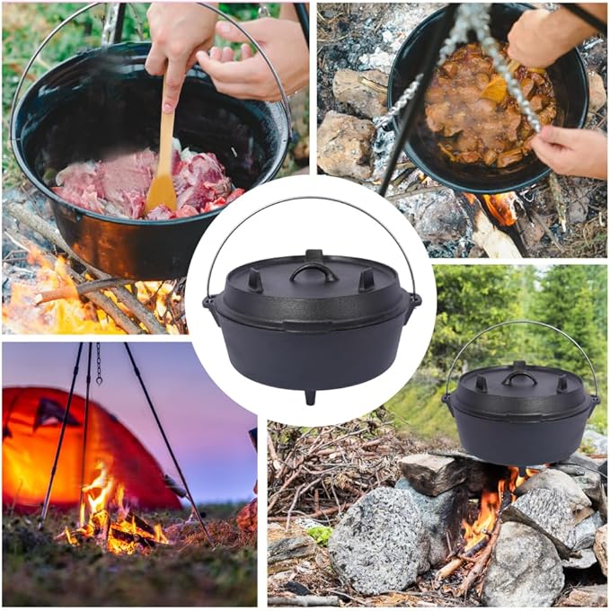 Hibachi Grill Outdoor, Homonova 2 in 1 Pre-Seasoned Cast Iron Dutch Oven with Skillet Lid, Portable Charcoal BBQ for Outdoor Cooking, Camping Fireplace Deep Pot with Leg Base (4.5 Quart)