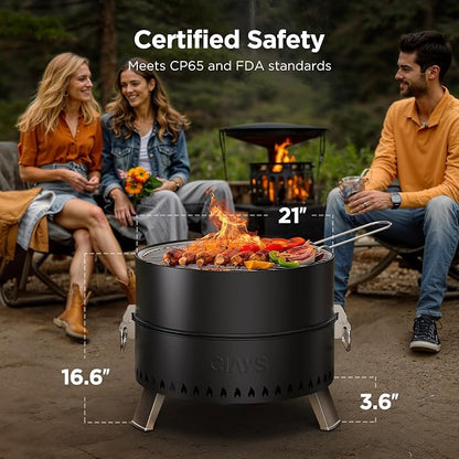 Ciays 19 Inch Smokeless Firepit, Portable for Outside Camping, Black | 19 Inch Smokeless Fire Pit for Camping with Steel Grill Rack, Fire Poker, and Bag, Easy Setup and Storage, Wood Burning