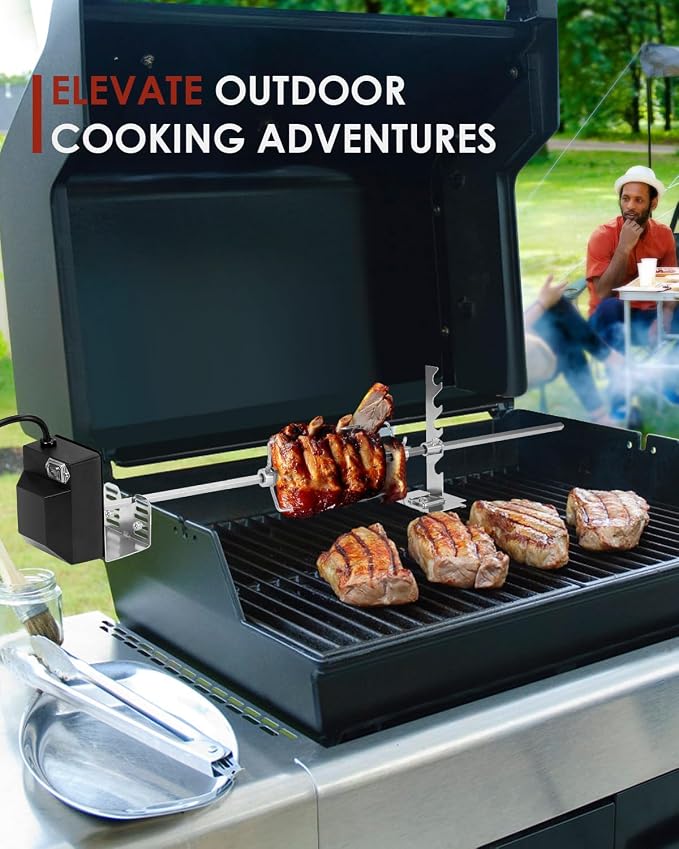 Rotisserie Grill Kit, Automatic Rotating BBQ, UL Certificated Universal Grill Rotisseries with 120V 4W Motor, 28” Spit Rod, 2 x 4 Forks, Complete Holders, and Fixing Screw for Backyard and Outdoor