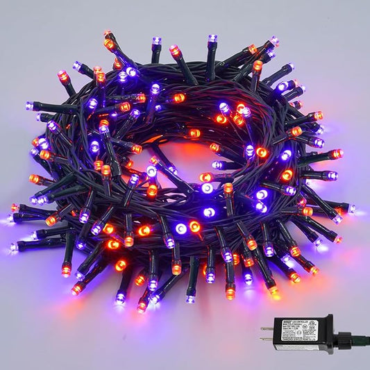 YEGUO 66ft 200 LED Orange and Purple String Lights Outdoor Waterproof, Green Wire Christmas String Lights Indoor, 8 Modes Twinkle Tree Lights Plug in with Timer Memory