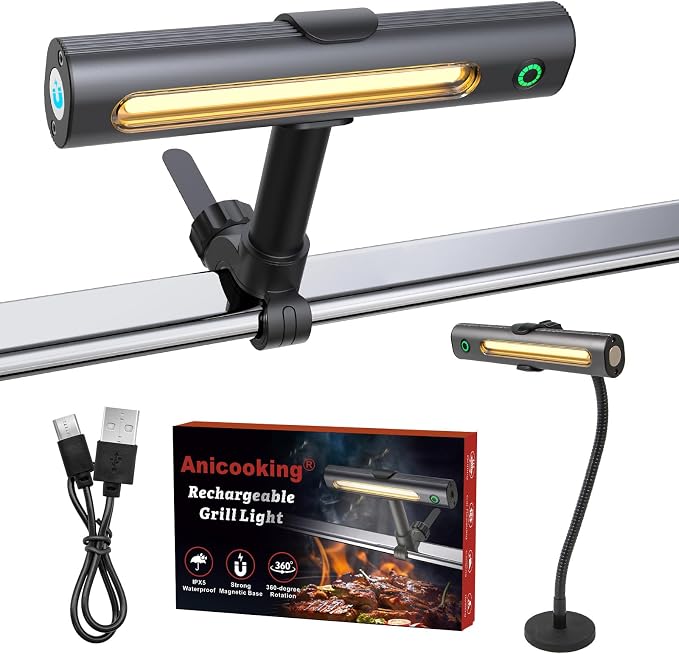 Rechargeable 360° Grill Light for Griddle & Grills with Magnetic Base and Gooseneck, IPX5 Waterproof, 2-Level,Brightness, USB-C Charging,