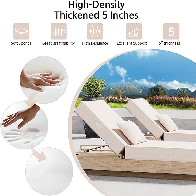 Outdoor Water-Resistant Olefin Chaise Lounge Cushions with Pillow, Weather and Fade Resistant Patio Furniture Lounge Chair Cushion Ideal for Patio, Lawn, Garden, Light Beige, 72"L x 21"W x 5"T