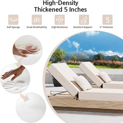 Outdoor Water-Resistant Olefin Chaise Lounge Cushions with Pillow, Weather and Fade Resistant Patio Furniture Lounge Chair Cushion Ideal for Patio, Lawn, Garden, Light Beige, 72"L x 21"W x 5"T