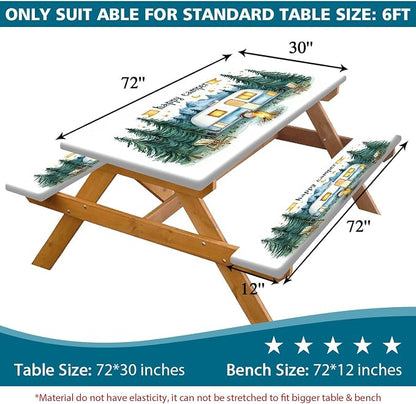 Picnic Table Cover with Bench Covers Elastic Edges, Happy Camper Fitted Table Cover, Outdoor Patio Camping Essentials 3PCS, Waterproof Camping Fitted Tablecloth with Drawstring Bag 96in White