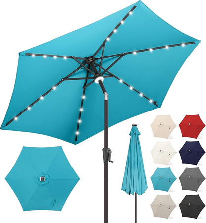 FLAME&SHADE Solar Patio Umbrella with Centre Light, 7.5 FT Aqua Blue | UV Protection, Small Solar Outdoor Umbrella for Porch, Deck, Backyard, Garden, Provides Evening Lighting, 24 LED Lights