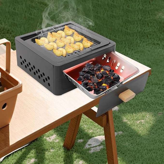 Portable Charcoal Grill, Small Tabletop BBQ Grill Household Barbecue Stove, Legs Foldable Barbeque Grill Set w/Charcoal Basin Furnace Body Baking Tray Grill Mesh, for Outdoor Camping and Picnics