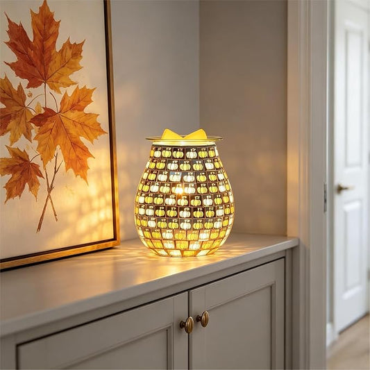Dicimi Pumpkin Wax Melt Warmer, Handmade Mosaic Glass Wax Warmer with Flameless Night Light, Fast Heating Fall Harvest Decor, Cozy Home Ambiance