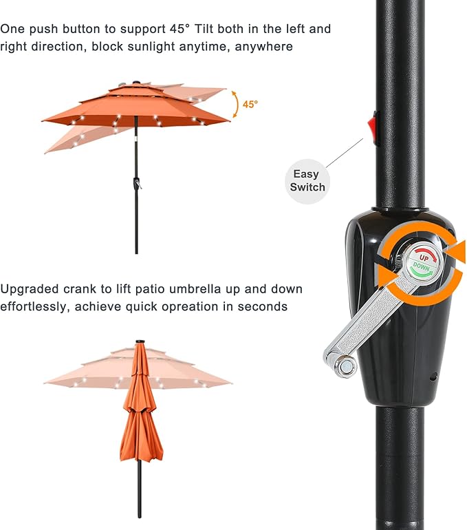 ABCCANOPY 3-Tiers 11FT Solar Patio Umbrella, Outdoor Umbrella with 32 LED Lights for for Deck, Pool, Garden, Backyard (Orange)