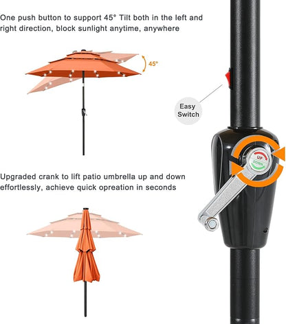 ABCCANOPY 3-Tiers 11FT Solar Patio Umbrella, Outdoor Umbrella with 32 LED Lights for for Deck, Pool, Garden, Backyard (Orange)