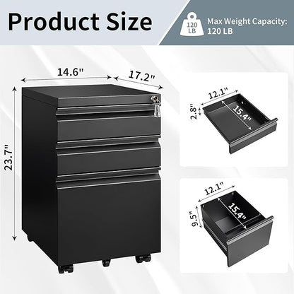 Approgreent 3 Drawer File Cabinet for Home Office, Under Desk Mobile Filing Cabinet with Lock for A4-Size/Letter-Size/Legal-Size, Black (HSEJ-3D)