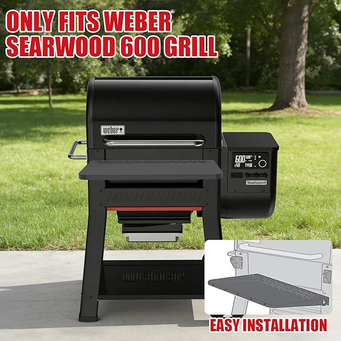 DELSbbq Folding Front Shelf for Weber Searwood 600 Pellet Grills, Heavy-Duty Steel Table, Foldable Prep & Storage Station for Weber Searwood 600 Accessories