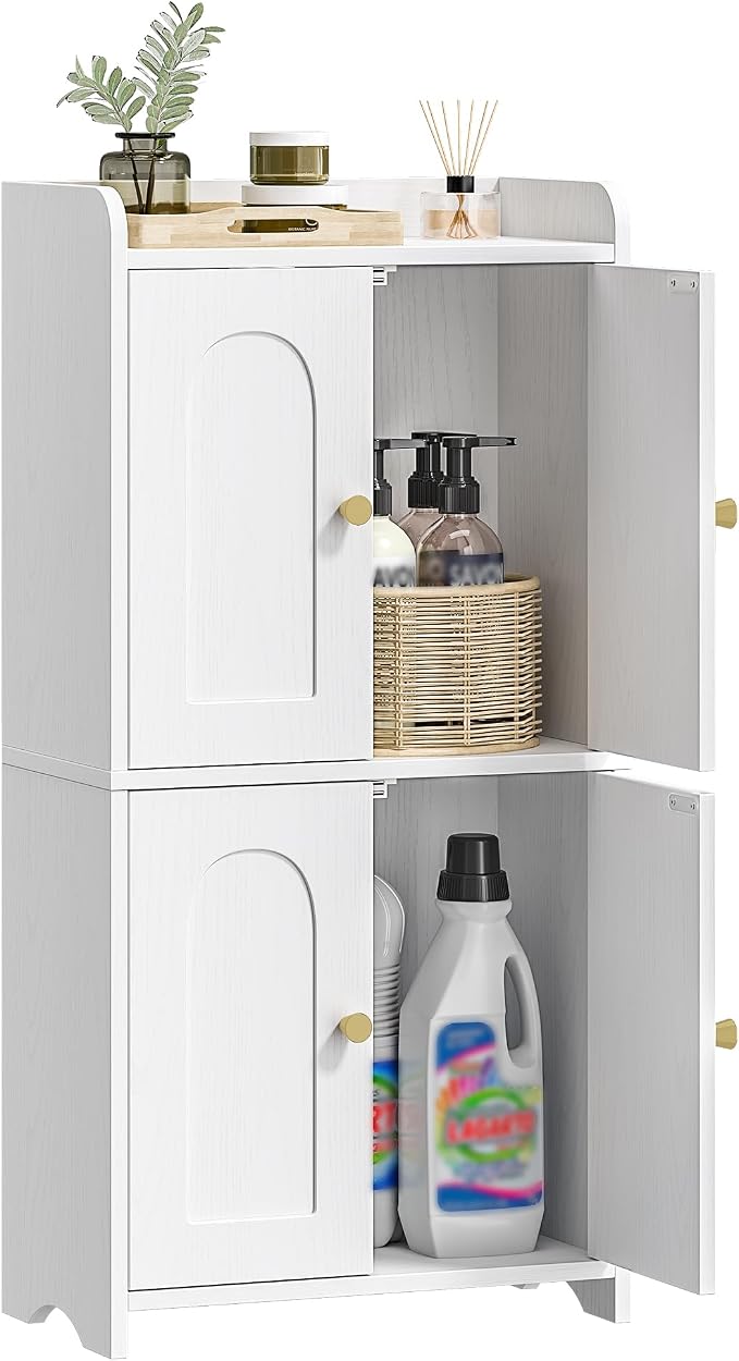 HEXCELEN Small Bathroom Storage Cabinet, Mediterranean, White | 4 Doors, Floor Bathroom Organizer, Freestanding for Small Spaces, Living Room, Kitchen, Entryway