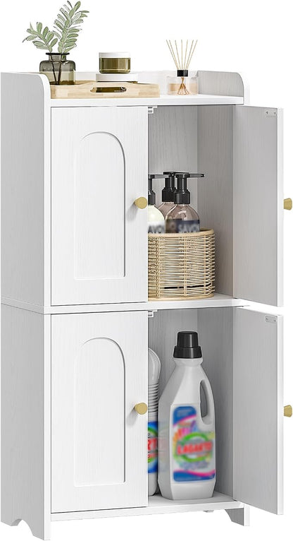 HEXCELEN Small Bathroom Storage Cabinet, Mediterranean, White | 4 Doors, Floor Bathroom Organizer, Freestanding for Small Spaces, Living Room, Kitchen, Entryway
