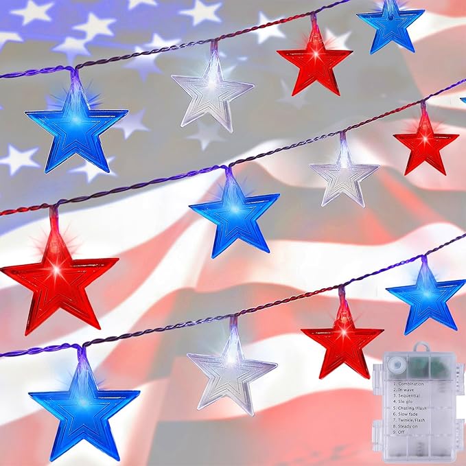 July 4th Red Blue and White Star Lights, 40LED 19FT Patriotic String Lights with Stars Battery Operated, 8 Lighting Modes & Timer, Waterproof Outdoor Independence Day Memorial Day Holiday Party Decor