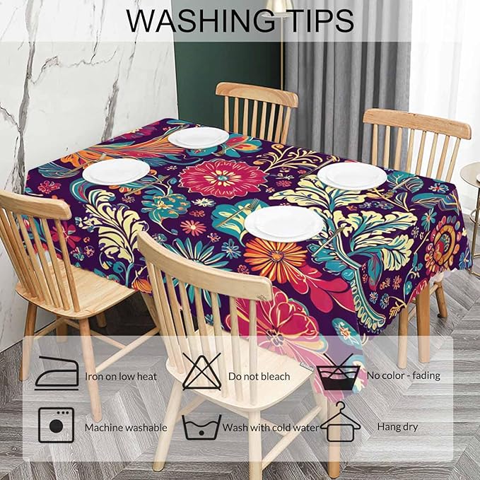 Rectangle Tablecloth Paisley Floral,Colorful Geometric Paisley Flowers BBQ Table Cloth Coffee Table Cover 52x70 Inch Tablecloths for Home Canteen Dining Kitchen Outdoor