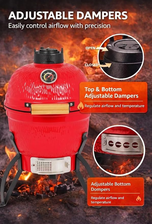 13-in W Kamado Grill with Built-in Thermometer, Oval Grill with Cast Iron Grates, Bamboo handle, Portable Ceramic Grills with Low Stand for Backyard, Patio, Deck grilling, Red