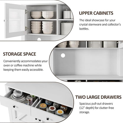 IDEALHOUSE 63" Kitchen Pantry Cabinet with Drawers, Hutch Cabinet with Storage, Microwave Stand, Adjustable Shelves, Freestanding Tall Pantry Storage for Dining Room, Living Room, White