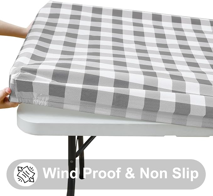 Smiry Rectangle Picnic Table Cloth, Elastic Waterproof Fitted Vinyl Tablecloths, Flannel Backed Buffalo Plaid Table Covers for Dining, Camping, Outdoor (White and Grey, 36" x 96")