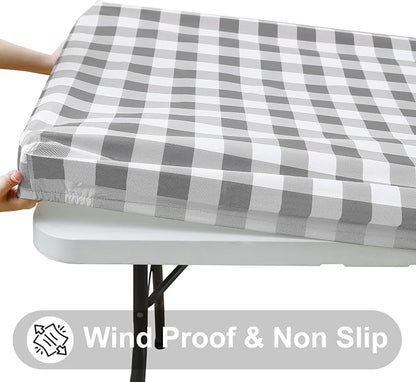 Smiry Rectangle Picnic Table Cloth, Elastic Waterproof Fitted Vinyl Tablecloths, Flannel Backed Buffalo Plaid Table Covers for Dining, Camping, Outdoor (White and Grey, 36" x 96")