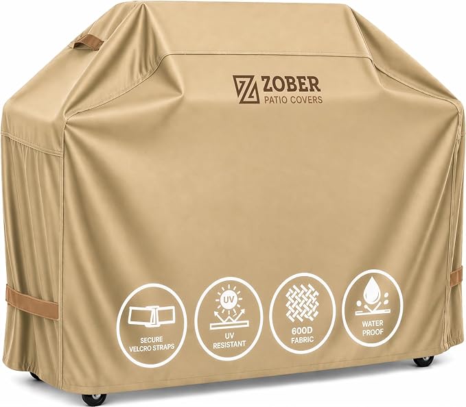 ZOBER Heavy Duty BBQ Grill Cover - 58 Inch Waterproof Double Layered Fits Weber Gas Grill Cover Charbroil Grill & Smoker - Gas Grill Covers w/Air Vents, Dual Handles - 600D Oxford Fabric, Mustard