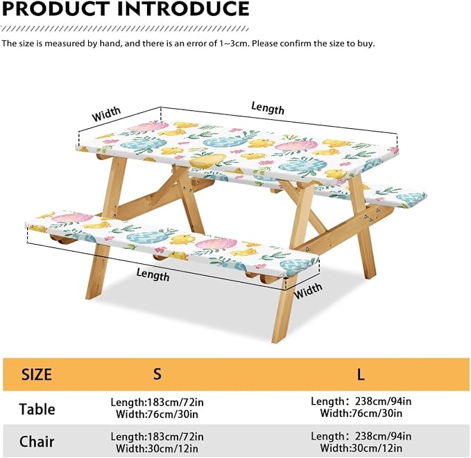 Easter Egg Chick Elastic Fitted Table Cloth for Camping Party Supplies 3 PCS Set Easter Outdoor Picnic Table Cover with Bench Covers