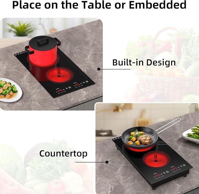 Electric Cooktop 2 Burners 2100W, 110v-120v Electric Stove Top 12 inch, Countertop & Built-in Cooktop, 20 Temperature 9 Power Levels, Child Lock, Timer, Over-Heat Protection