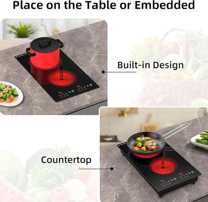 Electric Cooktop 2 Burners 2100W, 110v-120v Electric Stove Top 12 inch, Countertop & Built-in Cooktop, 20 Temperature 9 Power Levels, Child Lock, Timer, Over-Heat Protection