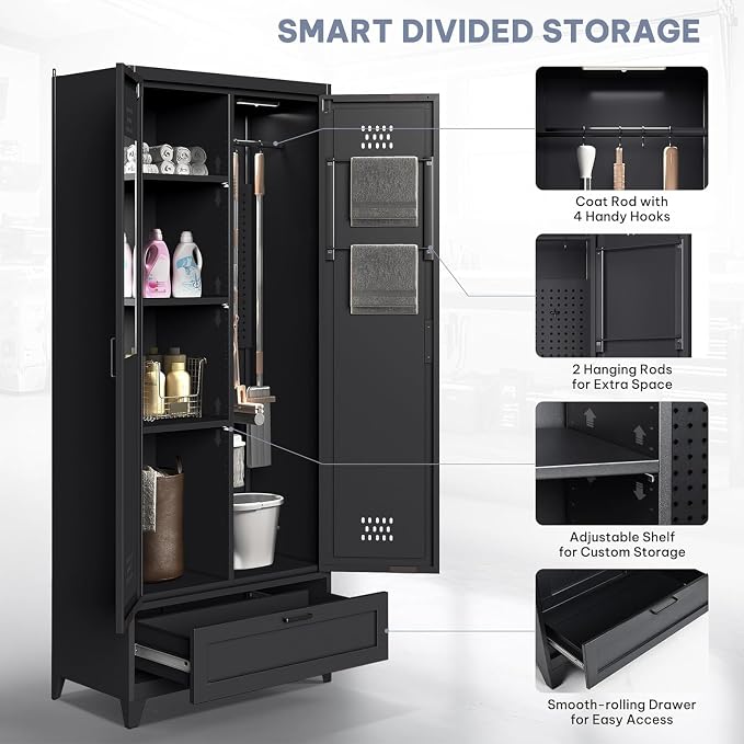 YITAHOME 71" Metal Garage Storage Cabinet with Adjustable Shelves, Black | Built-in Pegboard, Adjustable Shelves, Heavy-Duty Metal, for Garage Gym Basement Warehouse, Easy Assembly