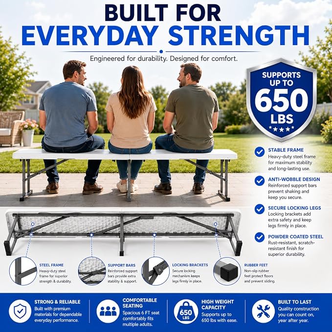 Plastic Folding Bench - Portable Bench Used for Indoor, Outdoor, Picnic, Party, Camping, Dining Seat, Garden Soccer Multipurpose Entertaining Activities, White (1, White, 6 Feet)