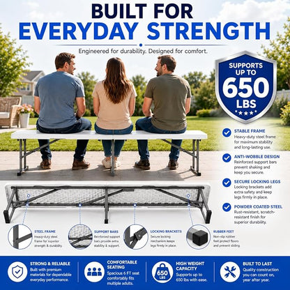 Plastic Folding Bench - Portable Bench Used for Indoor, Outdoor, Picnic, Party, Camping, Dining Seat, Garden Soccer Multipurpose Entertaining Activities, White (1, White, 6 Feet)