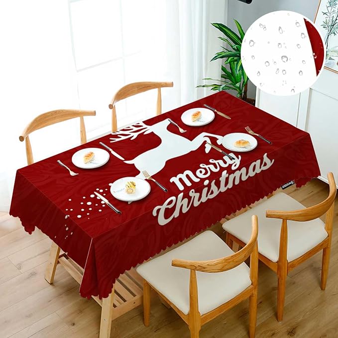 Swono Merry Christmas Tablecloths Flying Xmas Reindeer Floral Red Kitchen Dinning Tabletop Decoration, Polyester Table Cover for Indoor Outdoor 50x72 Inch Tablecloth