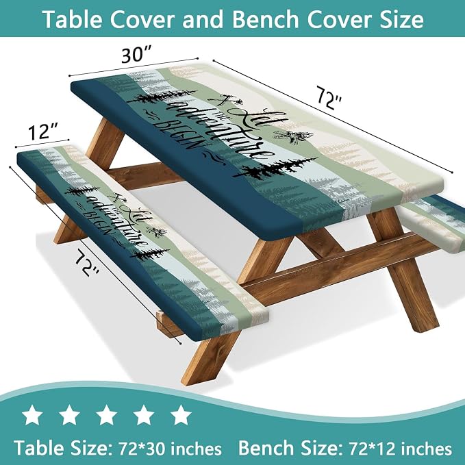 Picnic Table Cover with Bench Covers, Rectangle Tables, Waterproof Elastic Fitted Tablecloths for 6 Foot, Washable Tablecloth for Camping, Outdoor (Green, 30"x60")