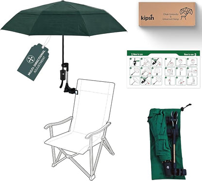 Chair Umbrella with Universal Clamp (Dark Green) | UPF 50+ UV Protection, Clip-on Outdoor Sports Umbrella for Beach Stroller Pool Camp, Compact Lightweight Portable Shade