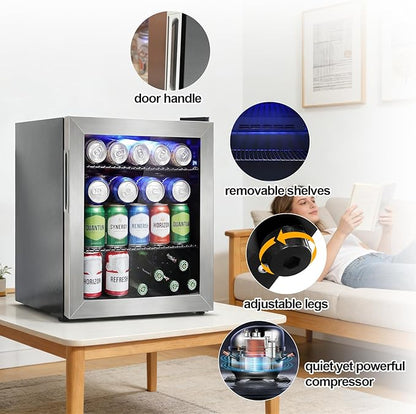 Mini Fridge Cooler - Small Beverage Refrigerator Stainless Steel Glass Door for Soda Beer Wine–Countertop Drink Cooler for Home, Dorm, Office or Bar, Electronic Temperature Control，1.4cu.ft.