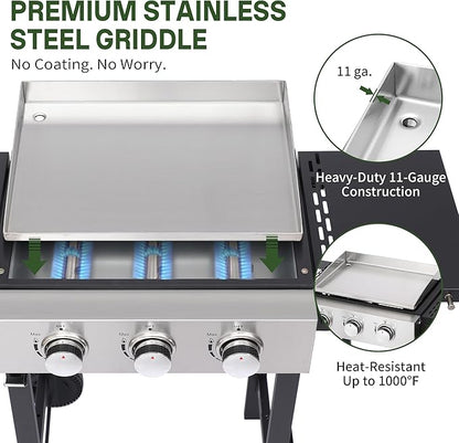 3-Burner Flat Top Grill with Folding Side Tables, Outdoor Griddle Grill with Storage Cover, 30,000 BTU Flat Grill with Stainless Steel Cooking Surface for BBQ, Camping, Tailgating