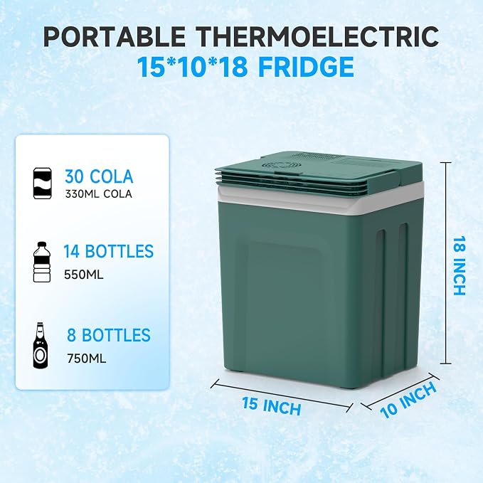 Electric Cooler & Warmer with Handle 26.5 Quart/25L Portable Thermoelectric Fridge for Vehicles & Trucks with 110V AC & 12V DC, 12V Car Cooler for Camping, Travel Army Green | Thermoelectric Fridge for Vehicles ,Small Electric cooler for Camping/Outdoo...