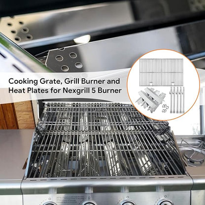 BQMAX Grill Parts for Nexgrill 5 Burner Gas Grill 720-0888 720-0888A 720-0888N, Cooking Grate, Heat Plates Shield and Burner for Nexgrill 5 Burner Replacement Parts for 720-0888 Nexgrills Part