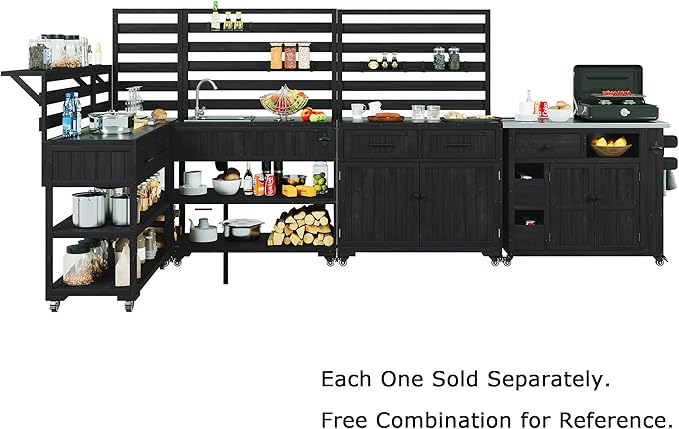 GDFStudio Elshire Patio Kitchen Island Cart with Storage, Wooden Outdoor Storage Cabinet with Stainless Steel BBQ Prep Table Top, Drawers, Raised Shelf and Lockable Wheels, Garden Potting Bench, Black