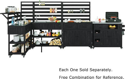 GDFStudio Elshire Patio Kitchen Island Cart with Storage, Wooden Outdoor Storage Cabinet with Stainless Steel BBQ Prep Table Top, Drawers, Raised Shelf and Lockable Wheels, Garden Potting Bench, Black
